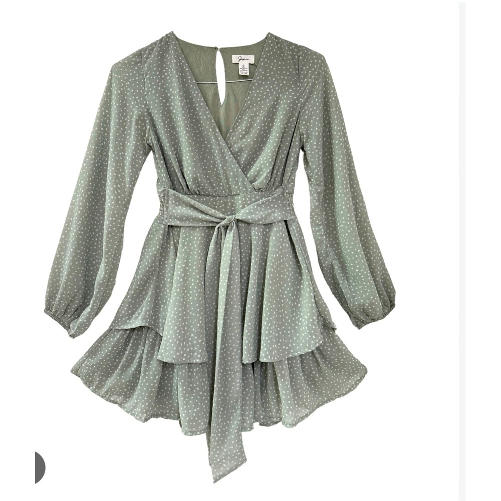 Japna Sage Green Polka Dot Long Sleeve Tiered Ruffle Mini Dress XS